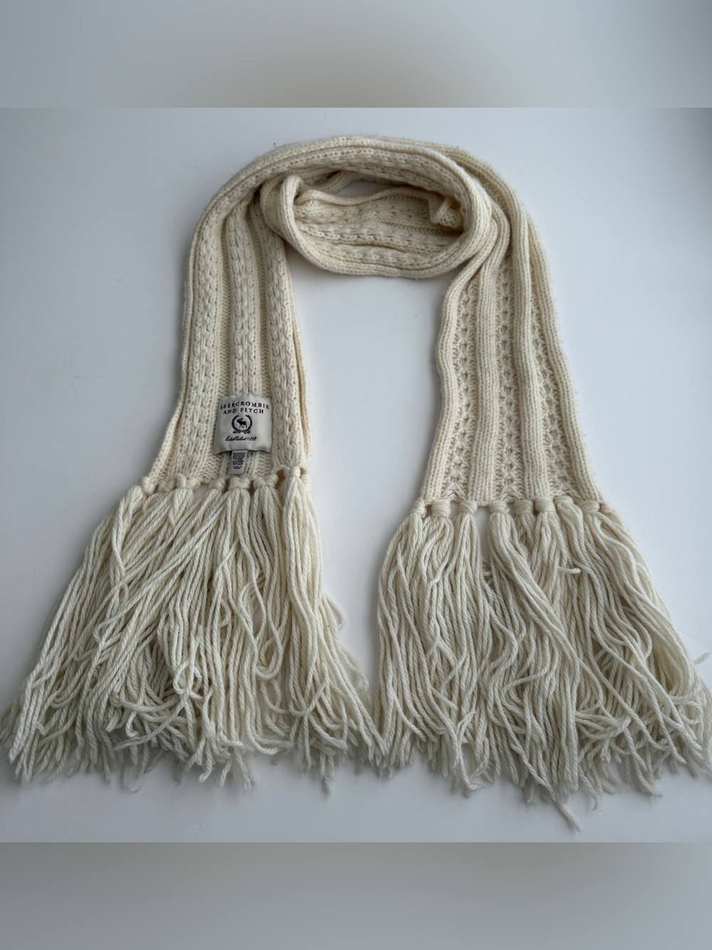Vintage Y2K Abercrombie & Fitch Scarf Cream Chunky Cable Knit Fringe Wool Rabbit